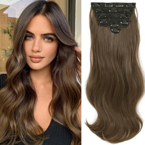 New 6PCS 20" Long Straight Chestnut Brown Synthetic Hair Clip-in Hair Extensions - Picture 1 of 6